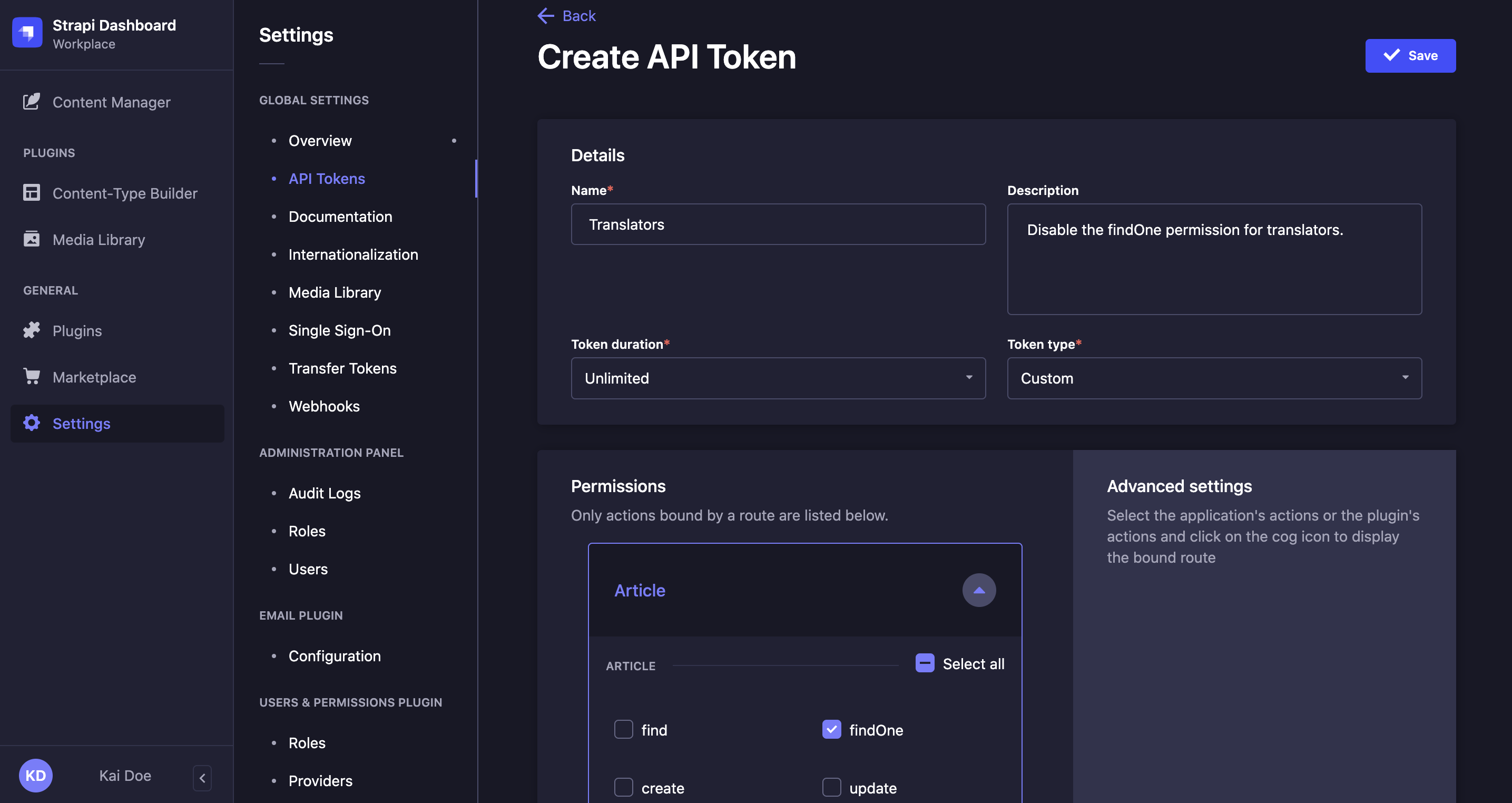 Custom API token