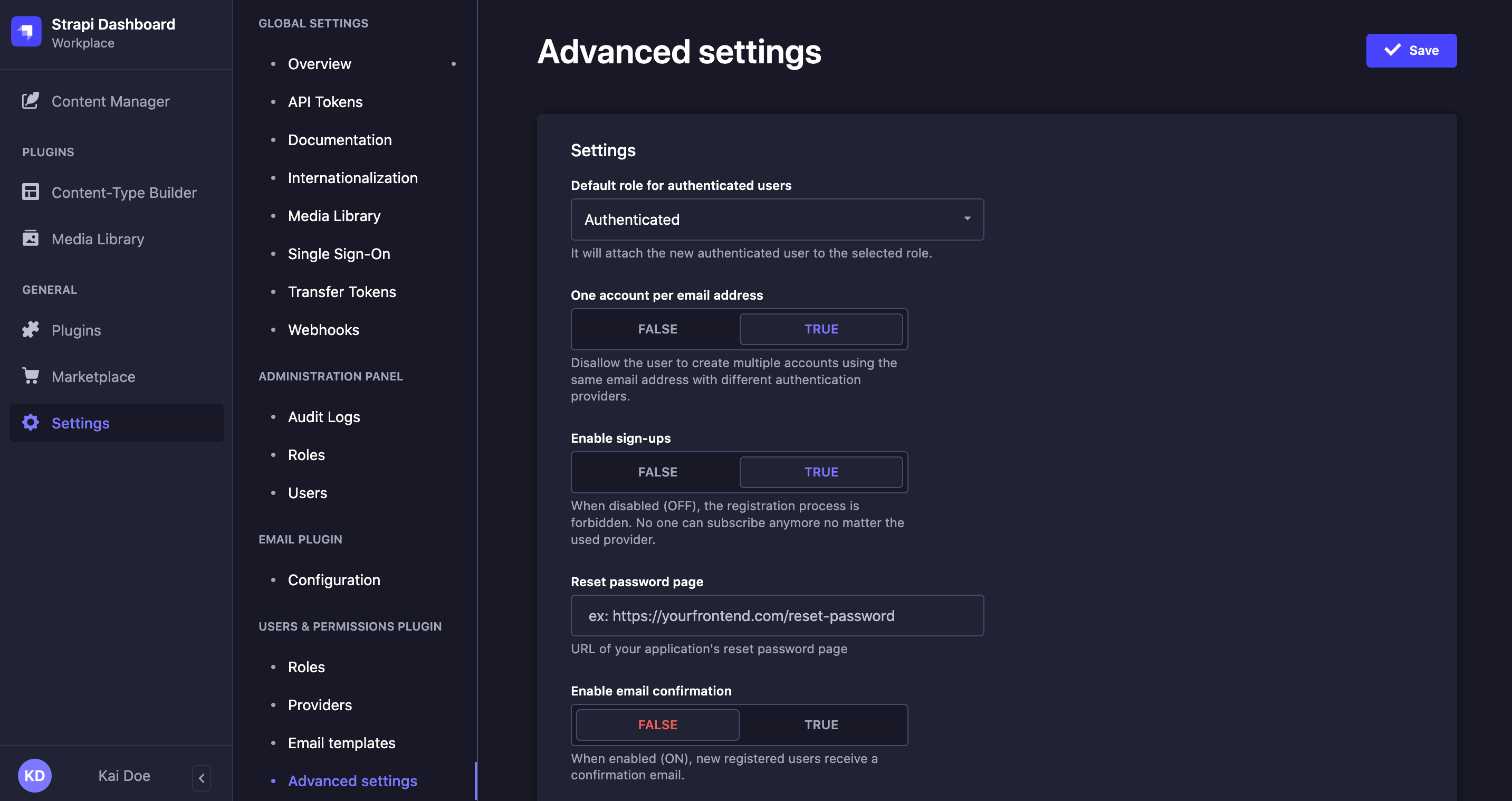 Advanced settings interface